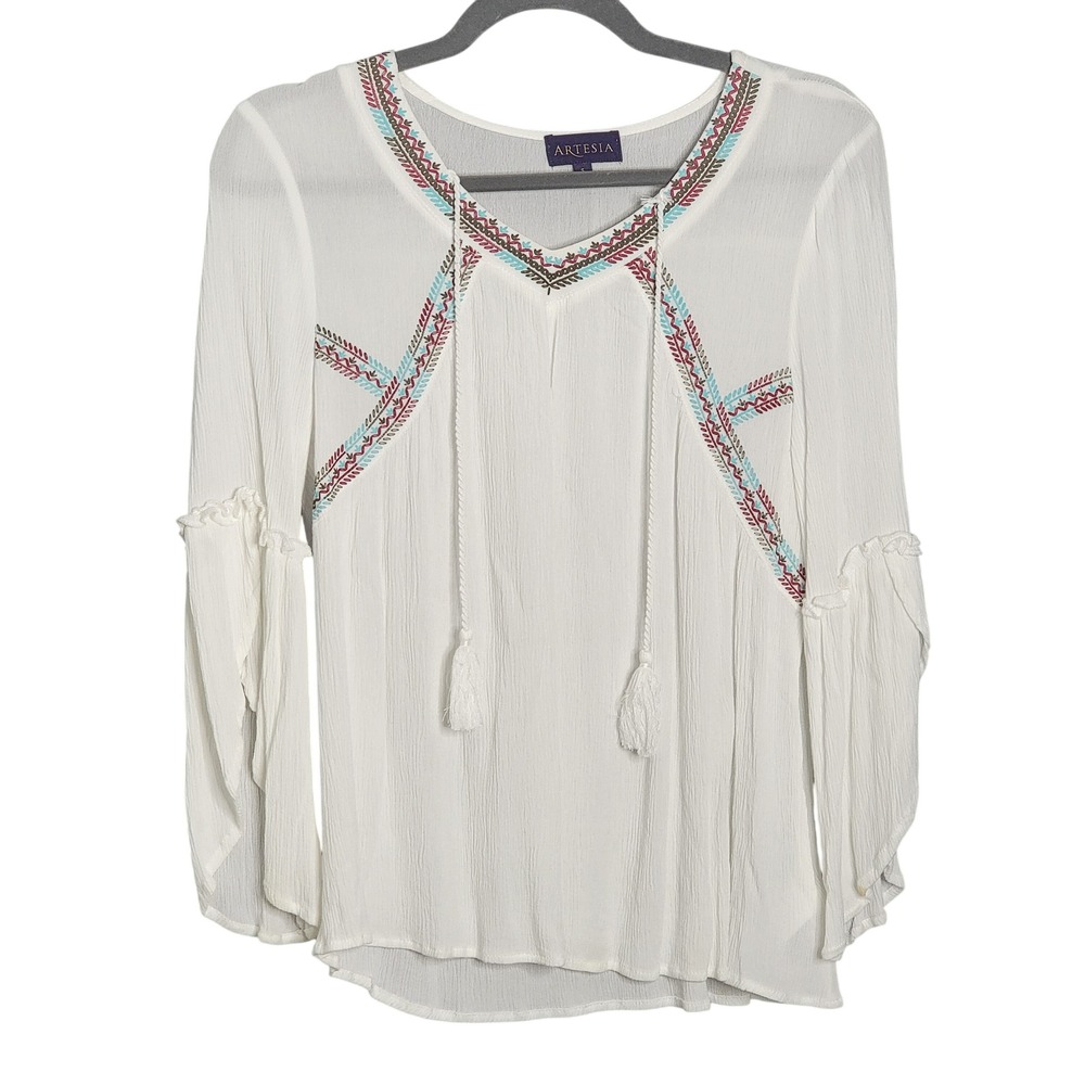 Artesia Embroidered Peasant Top Womens Small White Bell Sleeve V-Neck Tassel Tie